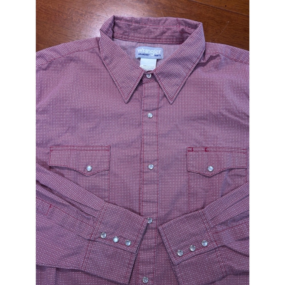 Wrangler Wrancher Shirt Mens XXL Red Geometric Pearl Snap Western Long Sleeve